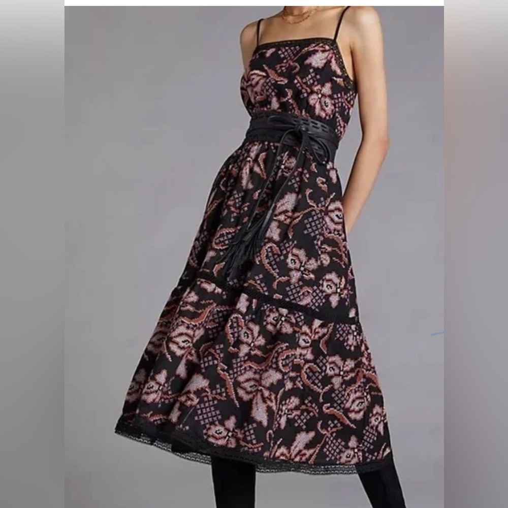 Anthropologie black pink brown lined crochet midi dress EUC! Gorgeous! Small